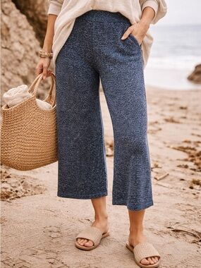 Free People Beach Hailee Knit Sweater Ankle Lounge Pants Navy Wide Leg Small